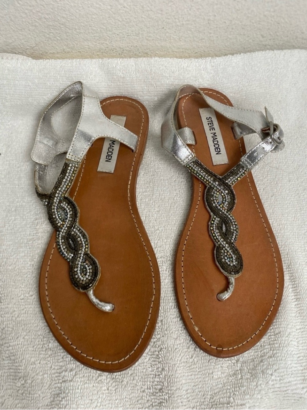 Steve Madden Women's Leather Silver Bling Ankle Strap Flat Sandals Size 8.5 Boho